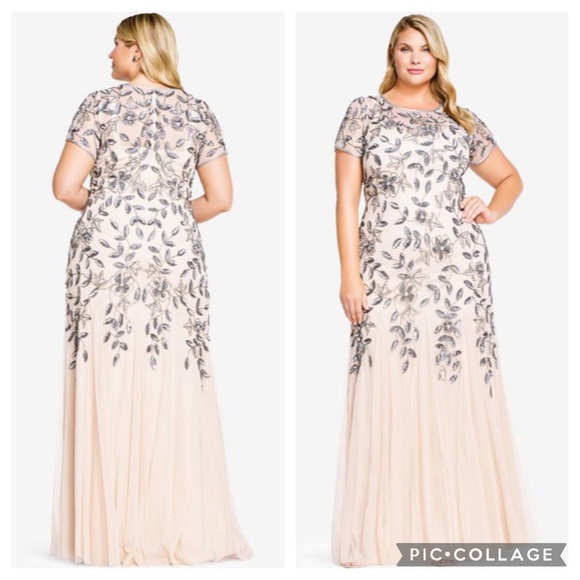 Adrianna Papell plus size beaded floral godet short sleeves long gown - Picture 3 of 16